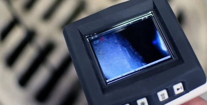 Checking sewer manhole with borescope inspection camera.