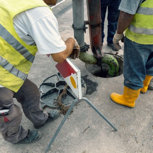 professionals looking at sewer system