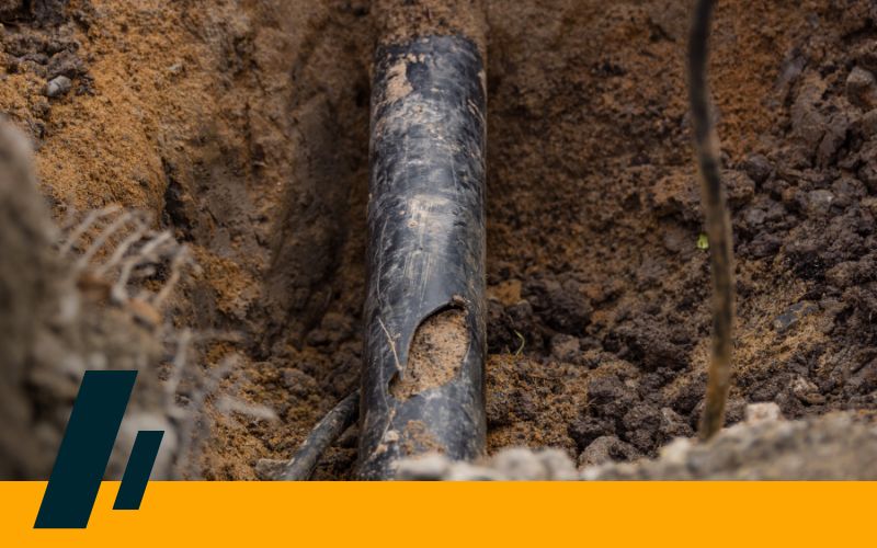 trench with broken pipe exposed