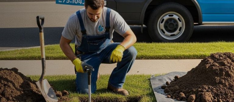 A professional technician from Everett Sewer & Outdoor Plumbing Services working on a residential pipe in a front yard, with a company van parked nearby.