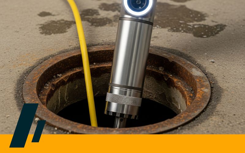 A high-resolution sewer camera being inserted into a pipe, demonstrating advanced diagnostic and repair technology.