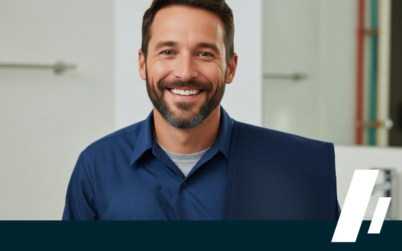 A smiling and trustworthy plumber in a Dirt Cheap Sewer uniform, representing the affordable drain specialist in Redmond.