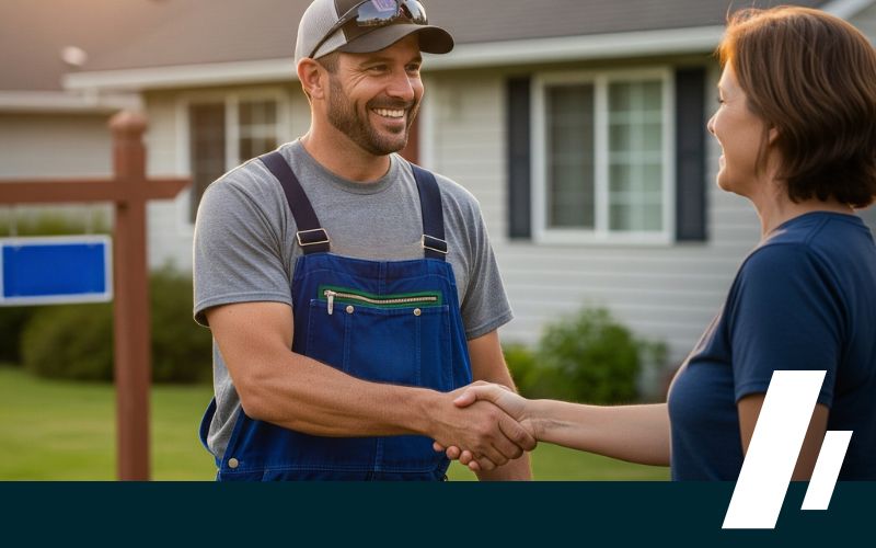 A happy Renton homeowner shakes hands with a trustworthy plumber from Dirt Cheap Sewer, representing excellent customer satisfaction and honest pricing.