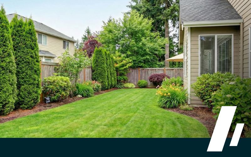 A picture of a beautiful, well-kept Seattle backyard with a lush green lawn and landscaping, free of any septic tank lids, illustrating the clean and worry-free benefits of a city sewer connection.