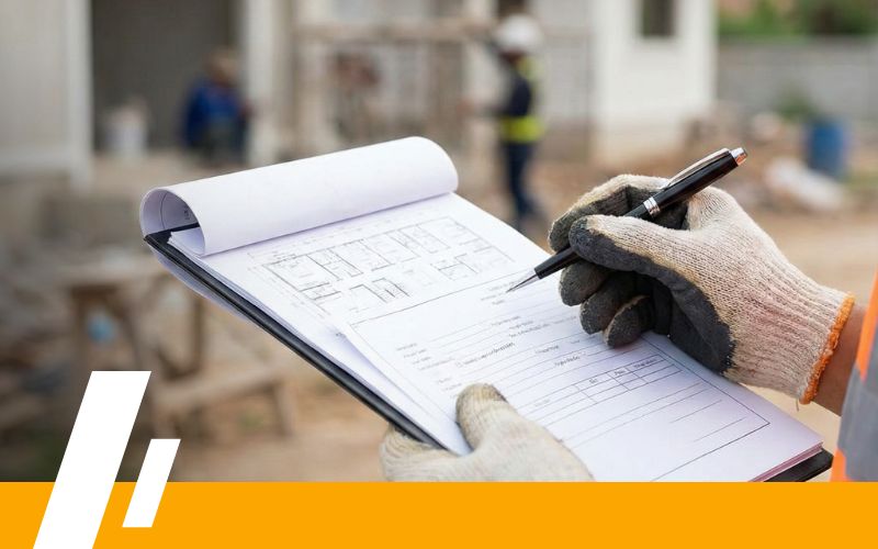 Septic to Sewer 3 - Dirt Cheap Sewer Co. A close-up shot of a person in work gloves holding a clipboard with official documents and plans at a construction site, representing the management of permits and regulations.