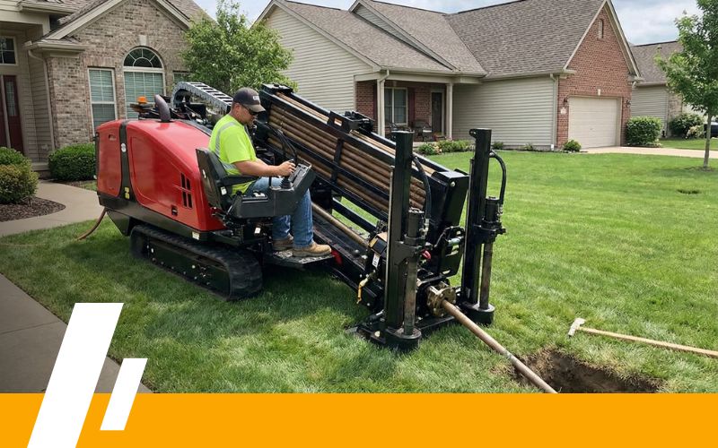 A photograph of a directional drilling machine in action in a residential front yard, showing a minimally invasive trenchless sewer line installation process with the lawn largely intact.
