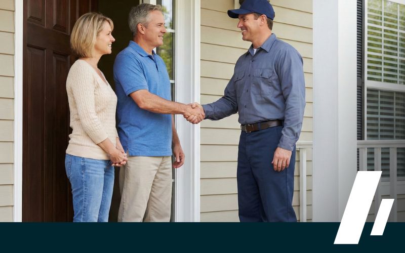Septic to Sewer 6 - Dirt Cheap Sewer Co. A photograph of a satisfied homeowner couple shaking hands with a contractor on their front porch, illustrating the value and customer satisfaction of a cost-effective sewer solution.