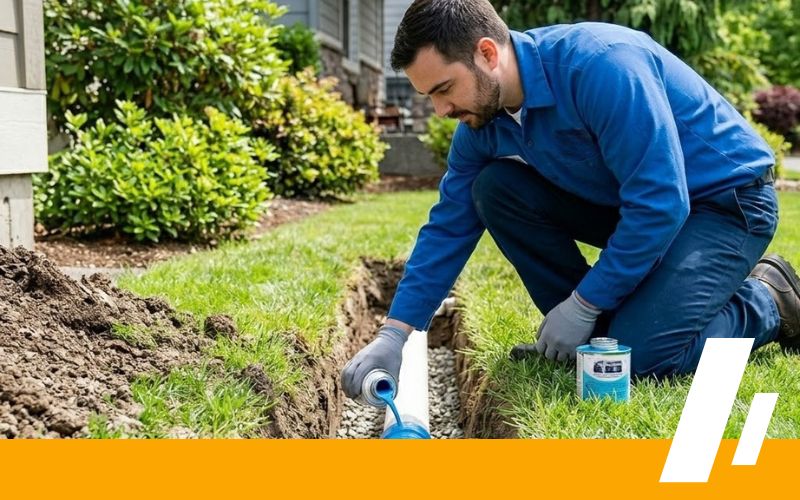 Dirt Cheap Sewer technician installing new PVC outdoor drainage pipe in a gravel-bedded trench in a Bothell yard.