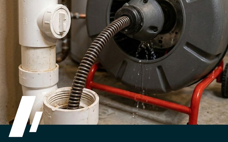 A powerful motorized drain cleaning machine, consistent with the professional equipment shown in image_0.png, clears a main line clog in Mukilteo.
