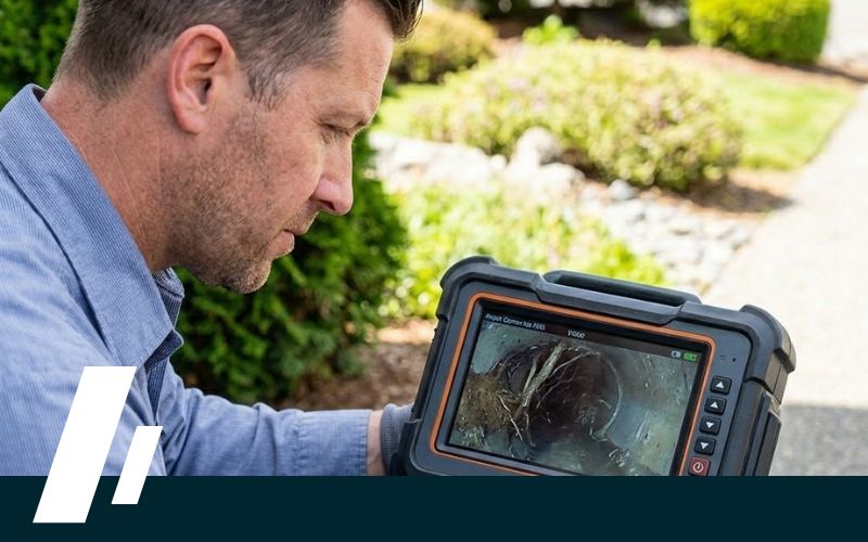 A 1:1 image shows a Dirt Cheap Sewer technician reviewing high-definition sewer inspection camera footage, identifying a pipe blockage for a Mukilteo homeowner.