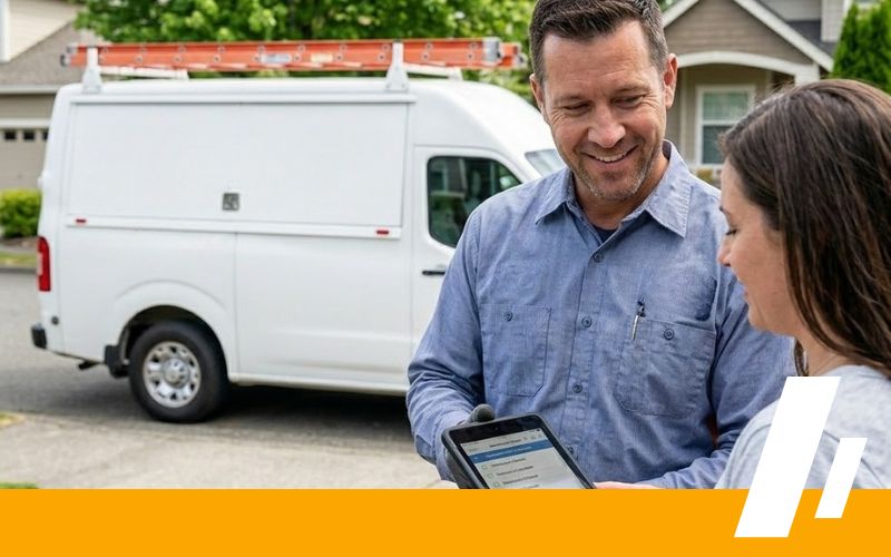 A friendly Dirt Cheap Sewer technician discusses affordable maintenance options with a Mukilteo homeowner, standing in front of a branded service van.
