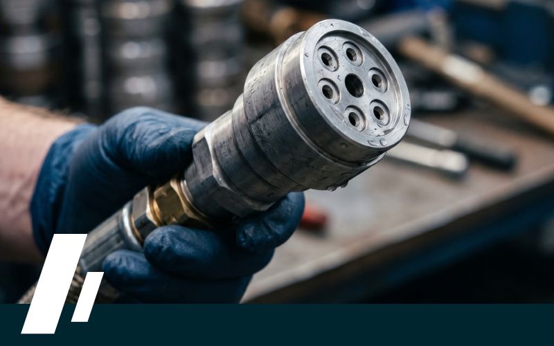 Gloved hands hold a metal multi-port hose nozzle in an industrial workshop.