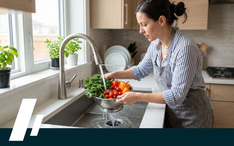 Drain Cleaning 3 - Dirt Cheap Sewer Co. Woman wearing an apron rinses colorful vegetables in a kitchen sink under a running faucet, preparing food.