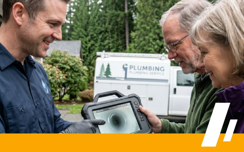 Plumber shows a handheld inspection camera to smiling homeowners; a plumbing van is in the background.