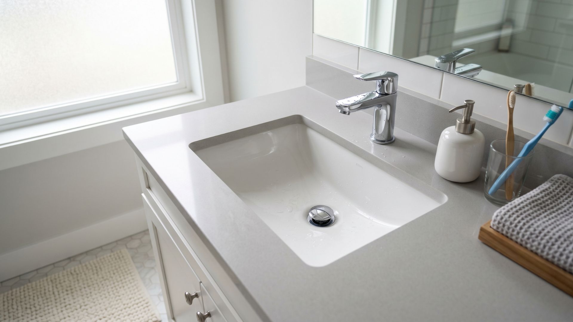 Modern bathroom vanity with white sink, chrome faucet, and a soap dispenser on a light gray countertop; toothbrushes in a glass nearby and a window at left.