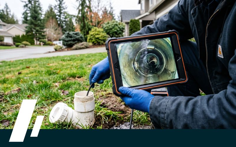 worker in blue gloves holding a rugged tablet to view an underground pipe inspection camera near a residential yard