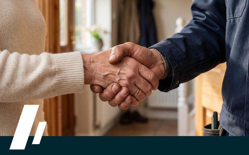 Two people shake hands in a home, signaling an agreement or completed service between client and tradesperson.