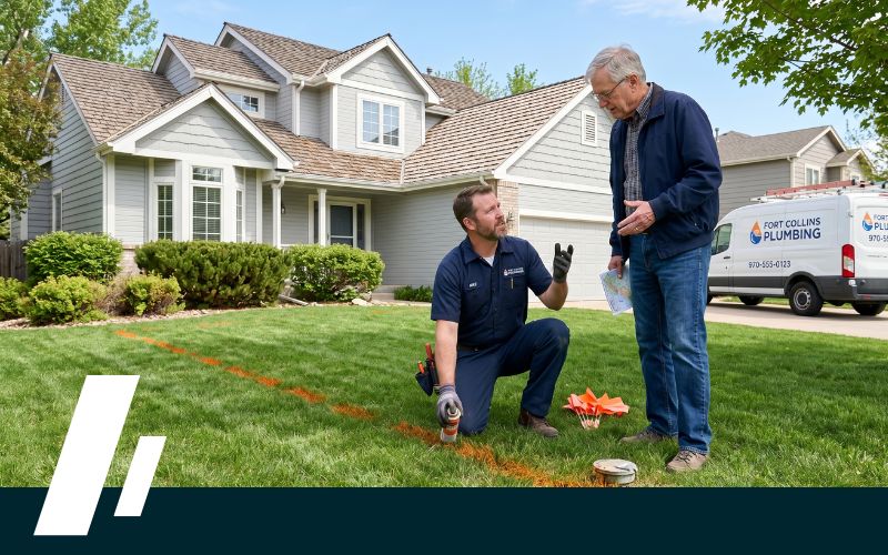 Issaquah Sewer Line Replacement 3 - Dirt Cheap Sewer Co. Plumber kneeling on a front lawn, marking an orange line with spray paint while a homeowner watches; plumbing van in the driveway in the background.