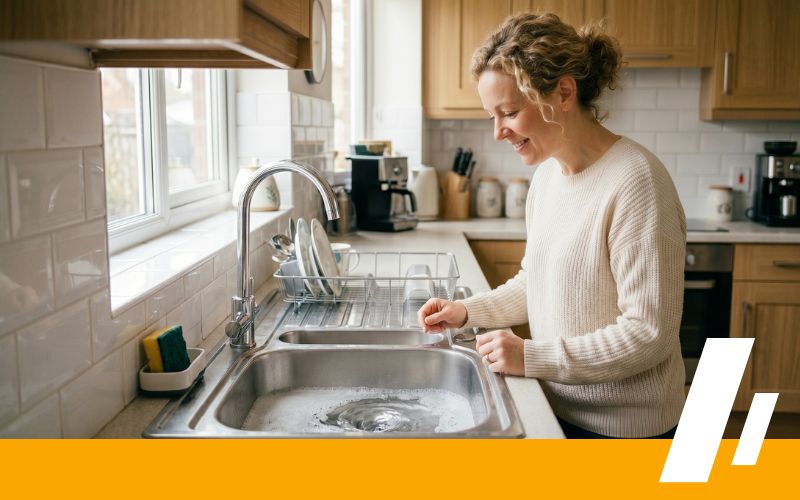 Issaquah Sewer Line Replacement 4 - Dirt Cheap Sewer Co. Woman washing dishes at a stainless steel kitchen sink, smiling as she dries a plate by the windowed counter.