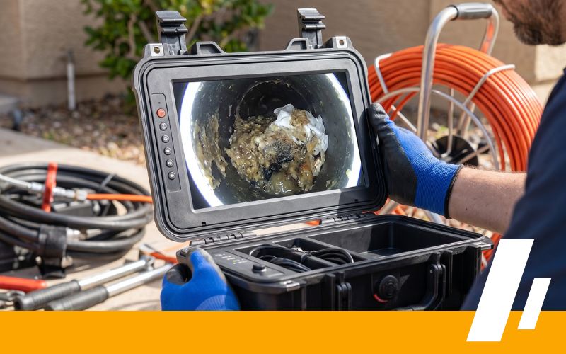 Sewer Inspection Services 2 - Dirt Cheap Sewer Co. Field technician in blue gloves uses a rugged inspection camera with a monitor showing sludge inside a sewer/video inspection carriage in a worksite setting.