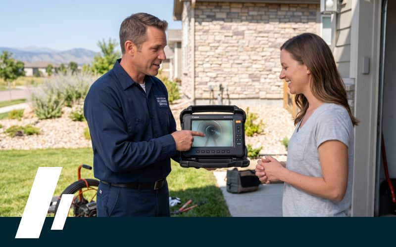 Sewer Inspection Services 3 - Dirt Cheap Sewer Co. technician in navy uniform demonstrates a handheld inspection monitor to a woman outside a house, explaining the device's view